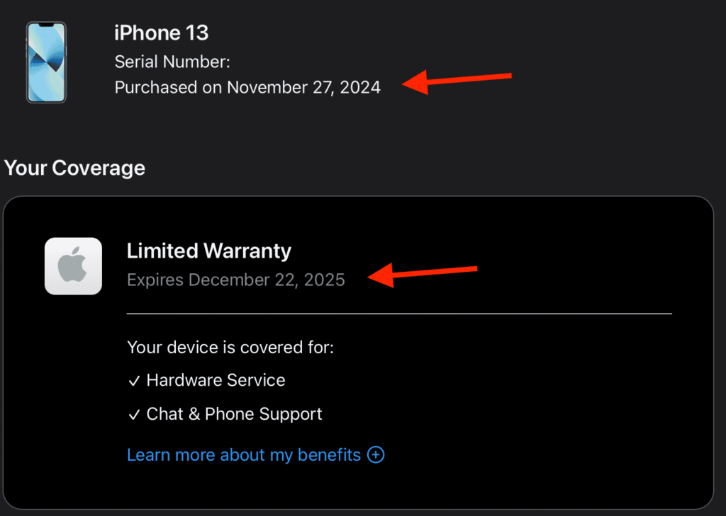 Apple purchase history screen showing iPhone purchase date and warranty
