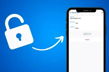 An iPhone 17 Pro displaying the Passwords section in Settings on a desk with blue-green Guide4Mac branding, showing how to view saved Apple ID credentials.