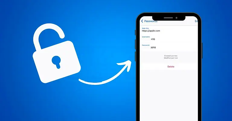 An iPhone 17 Pro displaying the Passwords section in Settings on a desk with blue-green Guide4Mac branding, showing how to view saved Apple ID credentials.