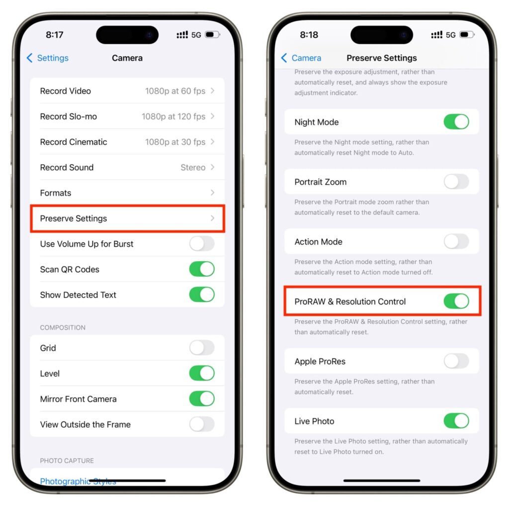 enable pro raw resolution iphone 17 camera settings