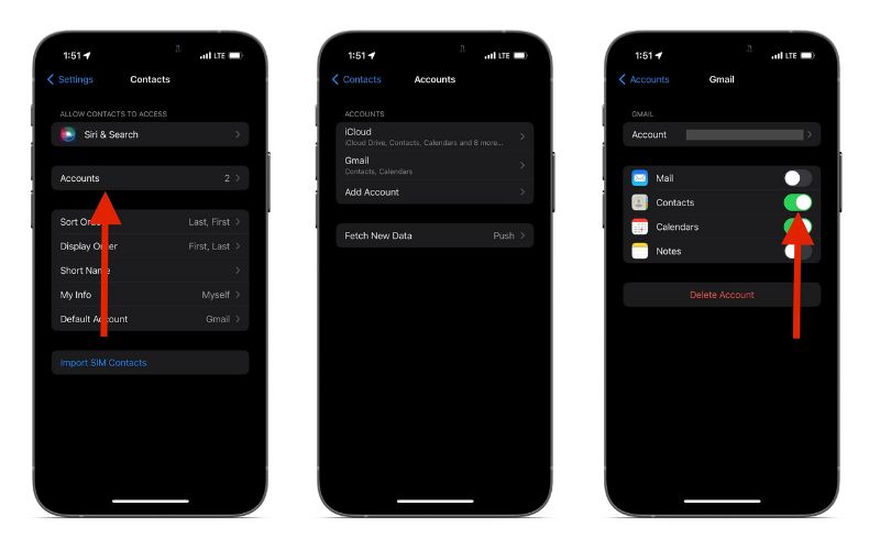 configure contacts settings to restore missing contacts on iphone