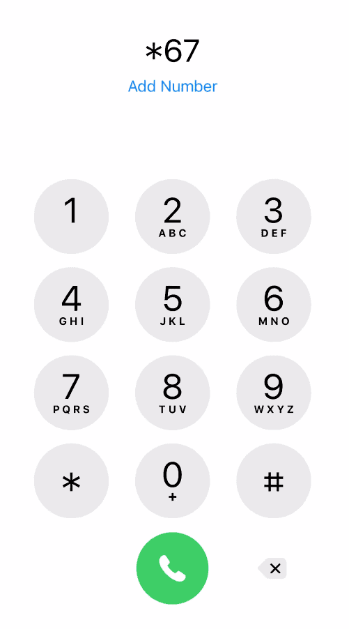 iPhone keypad with *67 dialed
