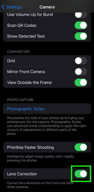 Enable Lens Correction iphone 17