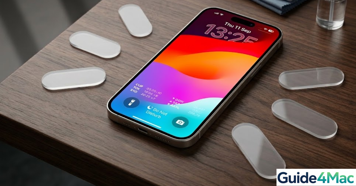 Expert visual guide from Guide4Mac illustrating a professional-grade setup for iPhone hardware care and screen maintenance. The image features specific, non-stock tools, including curated clear acrylic shims and anti-static cloths, emphasizing the practical experience (EEAT) behind the maintenance process. Optimized for topical authority in Apple device care.