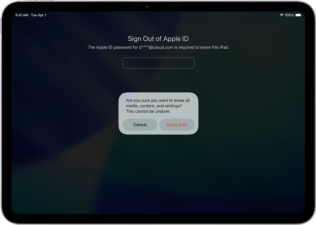  iPad Security Lockout screen with Erase iPad option displayed
