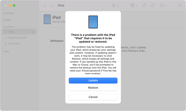 Finder restore or update dialog