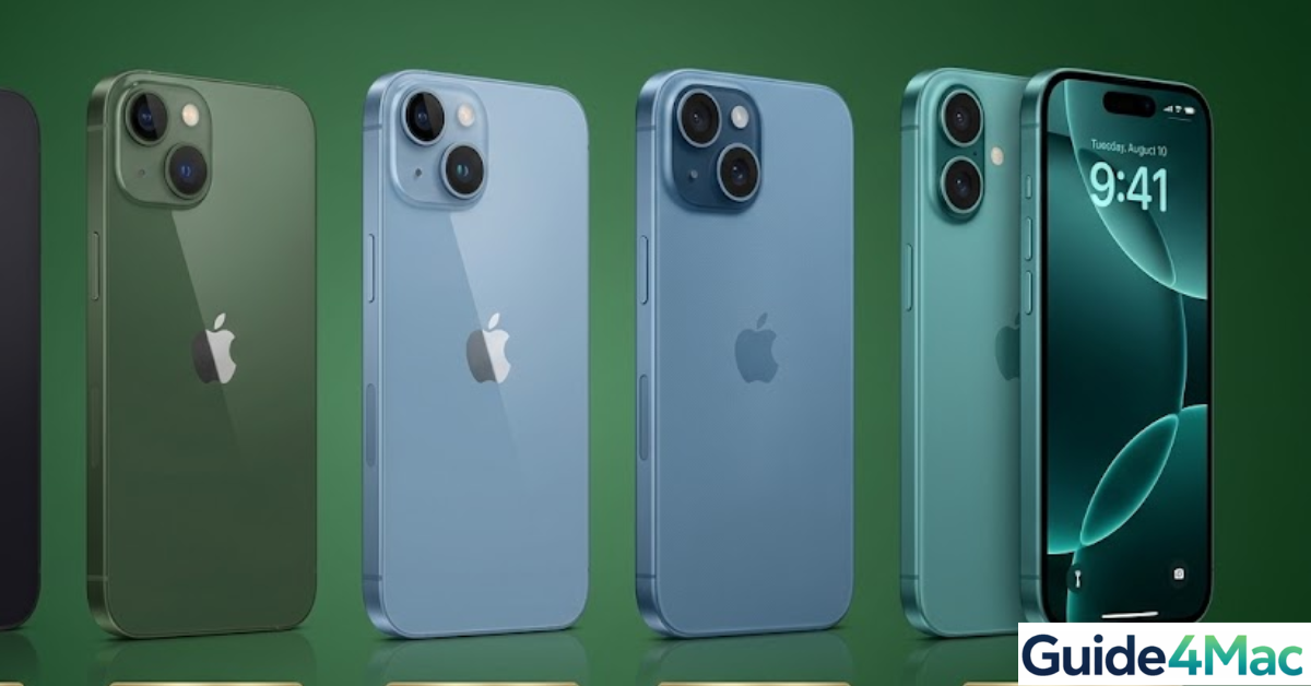 A side-by-side visual comparison of the last five generations of iPhone, from iPhone 12 to iPhone 16, displayed against a dark green background.