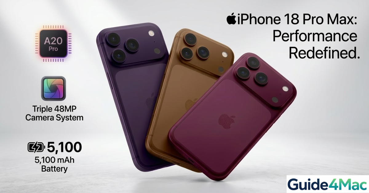 An infographic summarizing iPhone 18 Pro Max leaks: A20 Pro chip, Triple 48MP Camera System, and 5100 mAh battery, using three stacked device concepts.