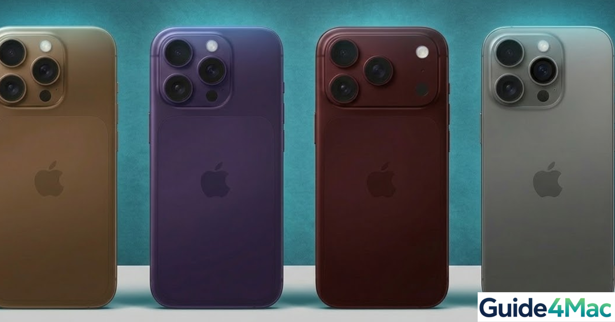 Four iPhone 18 Pro Max models in Coffee, Purple, Burgundy, and Grey shown side-by-side with a uniform one-tone back design and triple camera system.