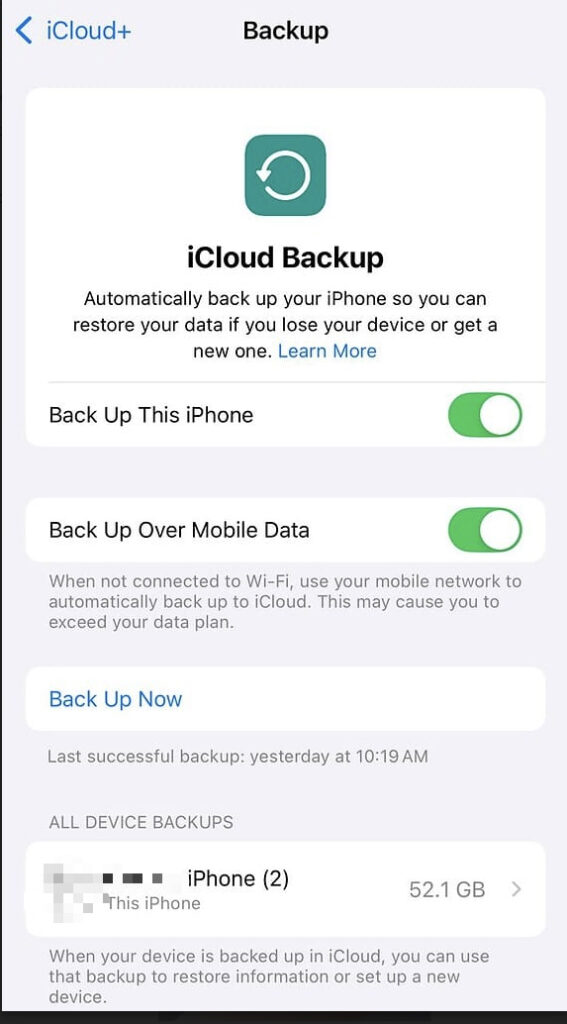  iCloud Backup settings screen on iPhone