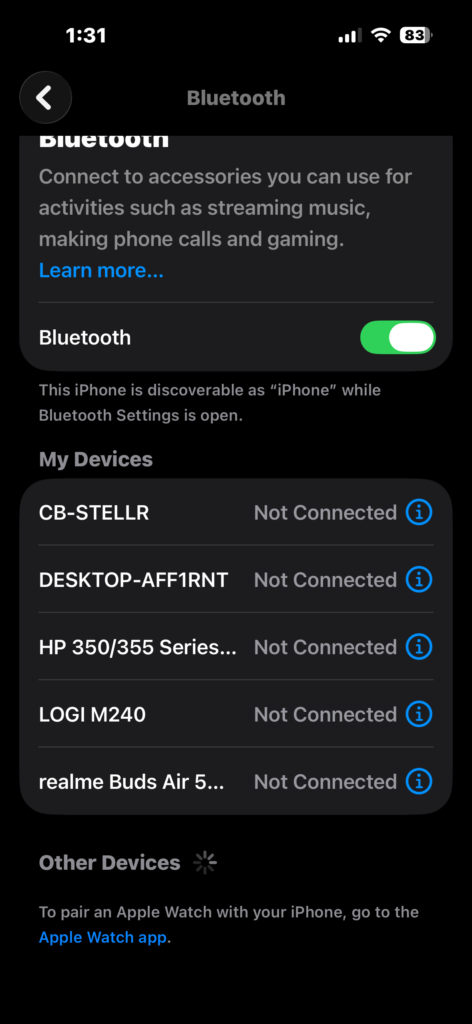 Opening Bluetooth settings from iPhone Settings menu