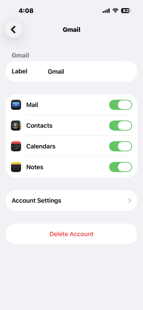 iPhone Gmail account settings with Mail toggle enabled