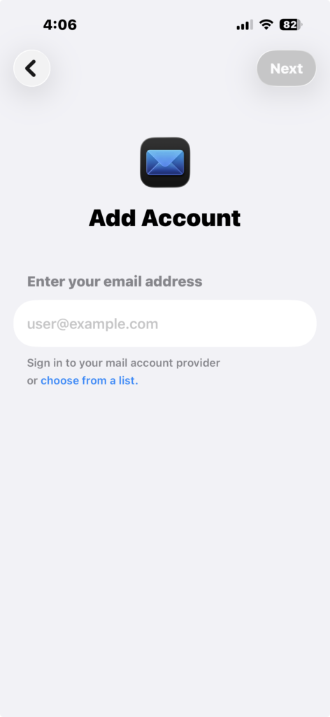 iPhone Mail Add Account email entry screen
