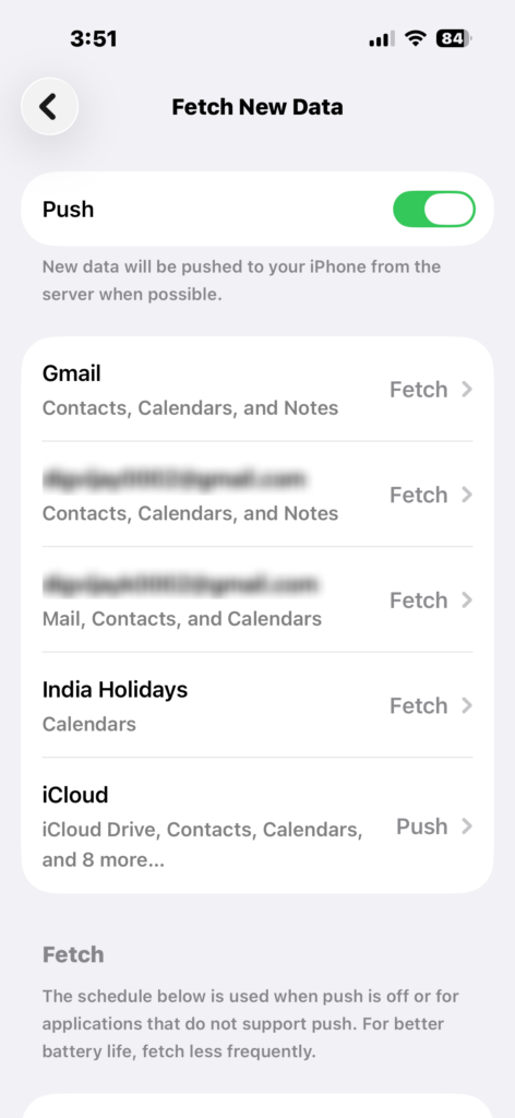 iPhone Mail Fetch New Data settings screen