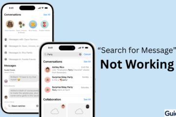Mockup of two iPhones on a light blue background displaying the Messages app search interface with the text 'Search for Message Not Working'.