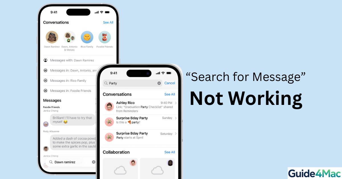 Mockup of two iPhones on a light blue background displaying the Messages app search interface with the text 'Search for Message Not Working'.