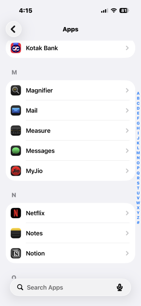iPhone Settings Apps list showing Mail option