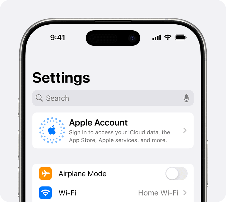 iPhone Settings showing Sign in to Apple Account option.