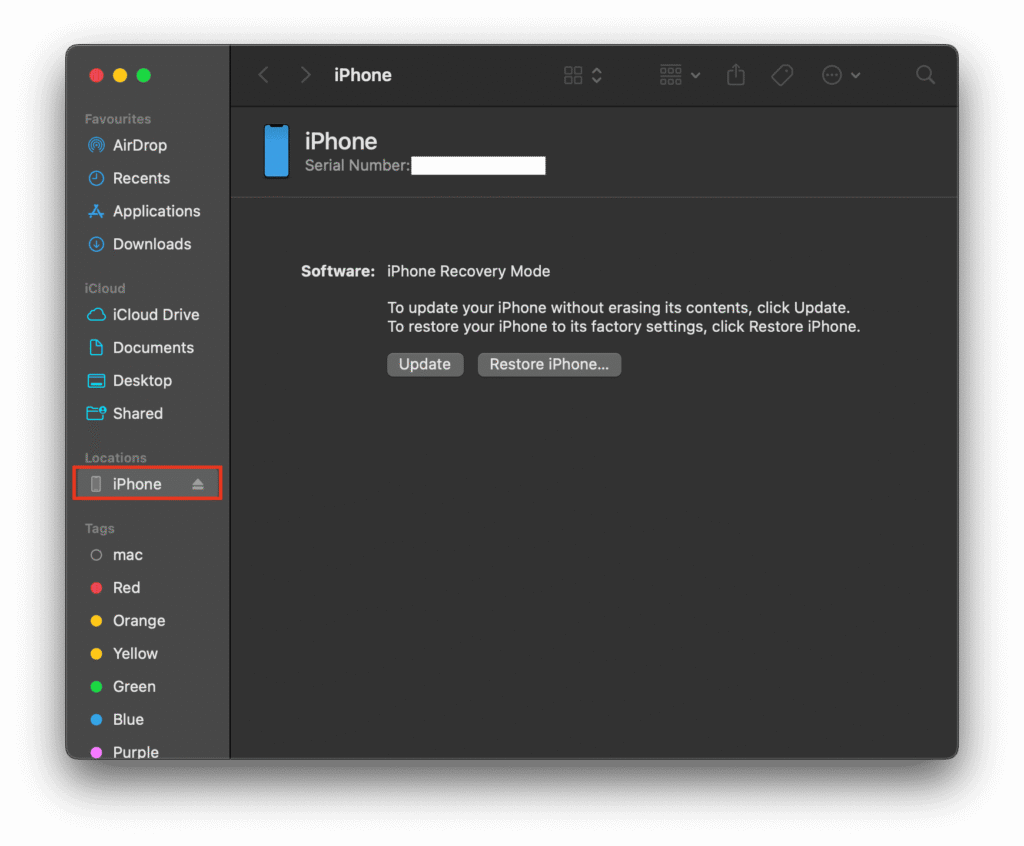 Select your iPhone from Finder's App