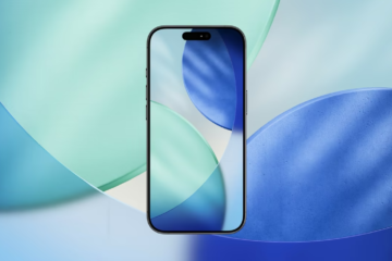 iPhone front view with abstract blue and green wallpaper
