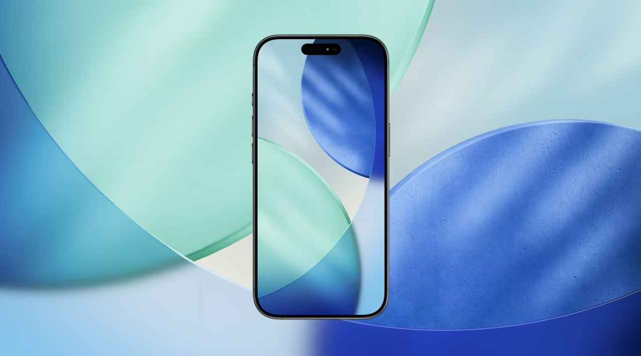 iPhone front view with abstract blue and green wallpaper