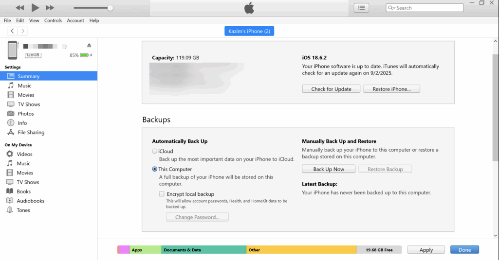  iTunes iPhone backup screen