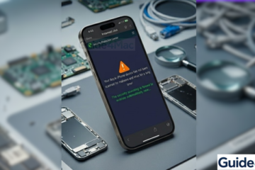 A 4:3 cropped featured image showing a close-up of a person holding an iPhone 17 Pro with the 'trojanwall.click' fake malware warning on the screen, illustrating a Mac Observer guide.