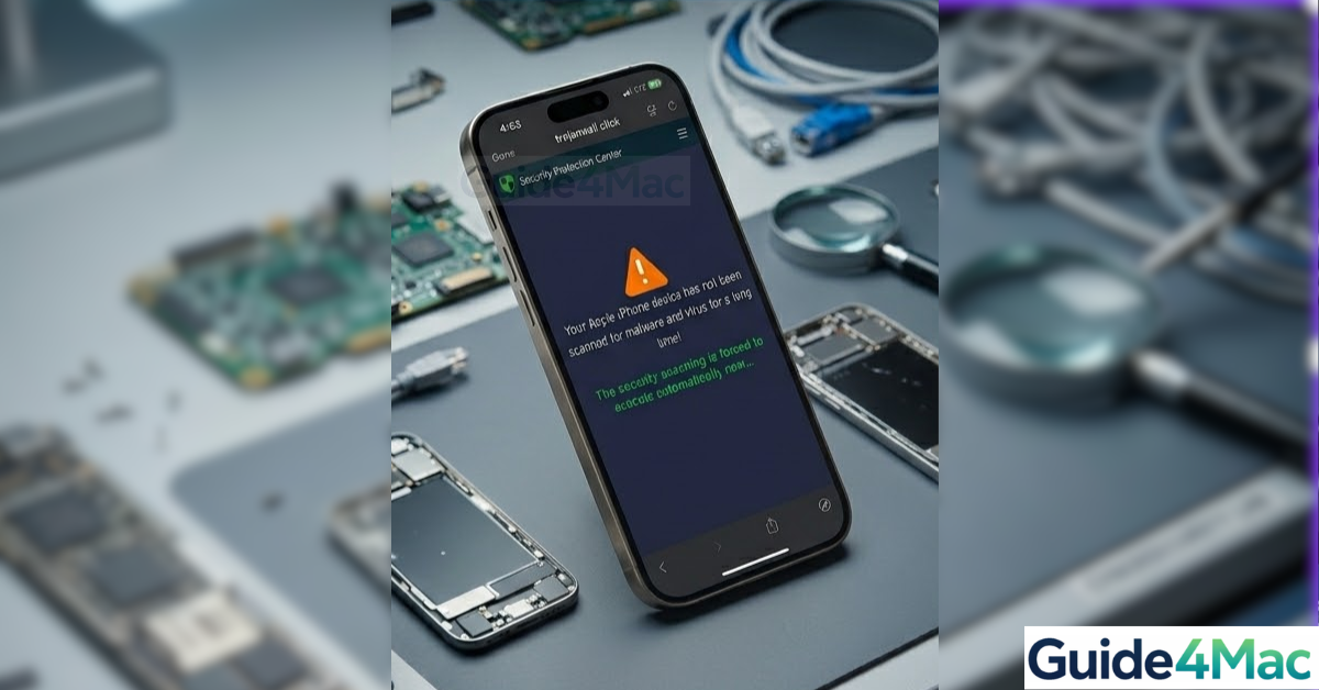 A 4:3 cropped featured image showing a close-up of a person holding an iPhone 17 Pro with the 'trojanwall.click' fake malware warning on the screen, illustrating a Mac Observer guide.
