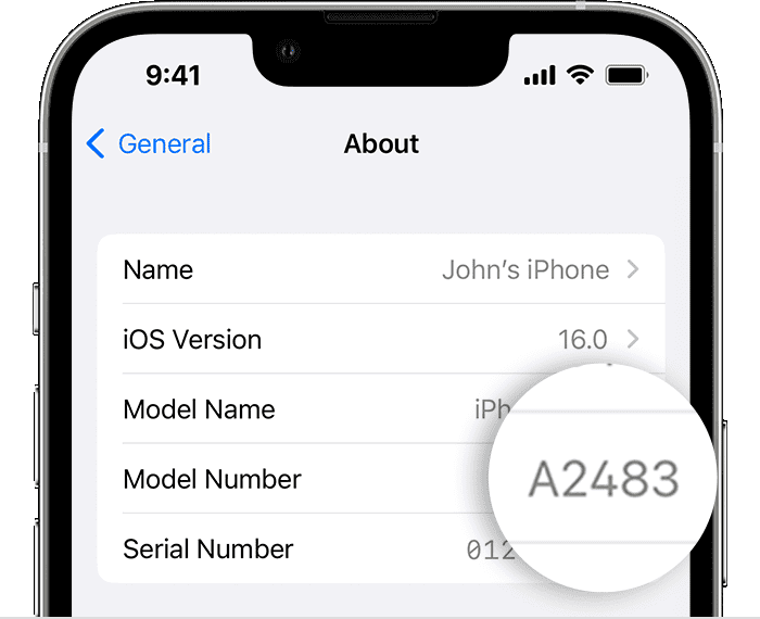 iPhone About screen showing model name and model number