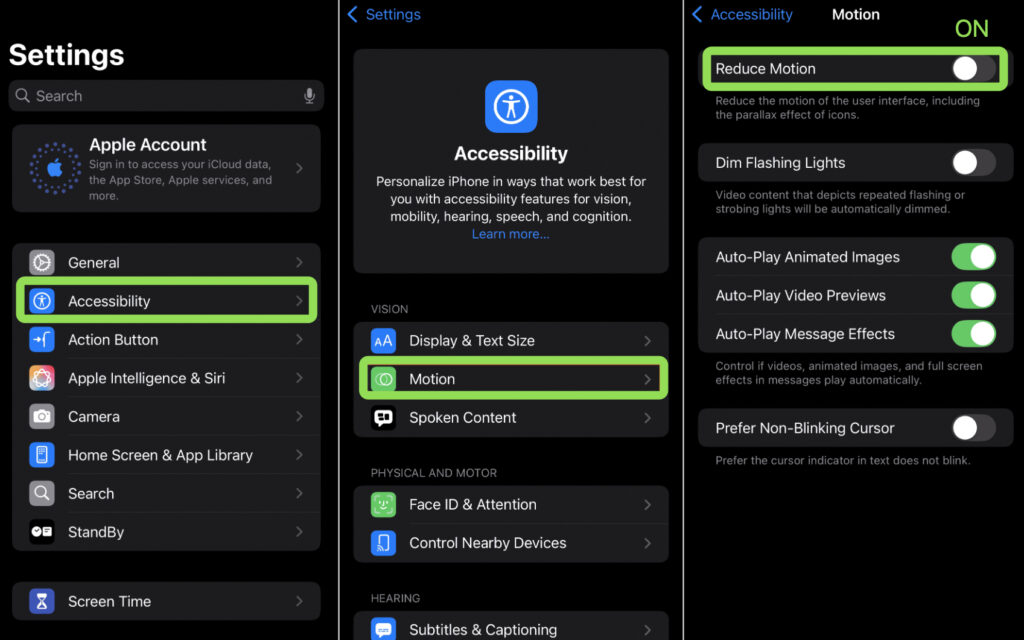 Steps to reduce motion effects on iphone