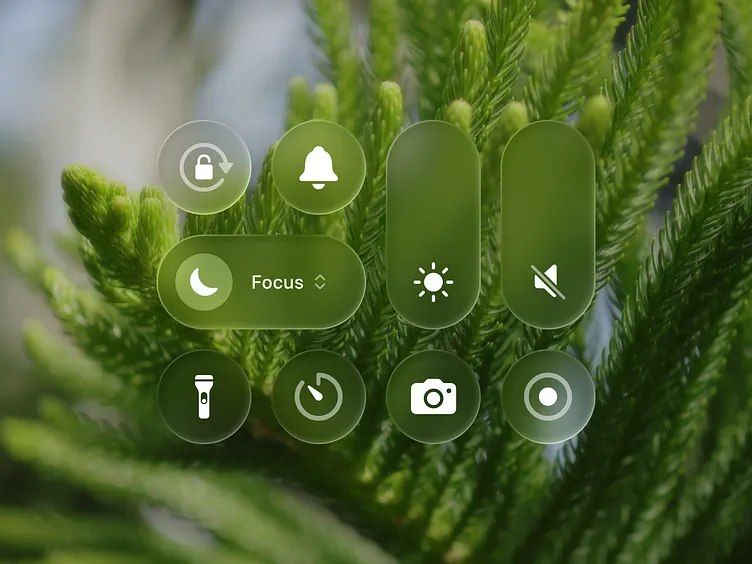iPhone Control Center with Liquid Glass translucent panels