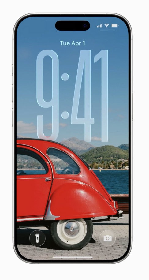 iPhone lock screen with Liquid Glass widgets showing dynamic color and transparency