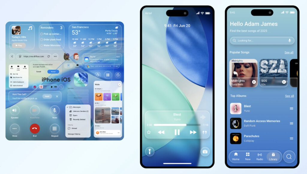 iPhone Liquid Glass interface showing translucent, dynamic panels adapting to wallpaper
