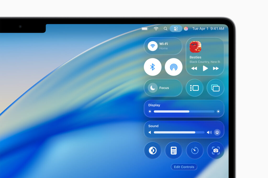 Control Center with Liquid Glass translucent panels on Mac 