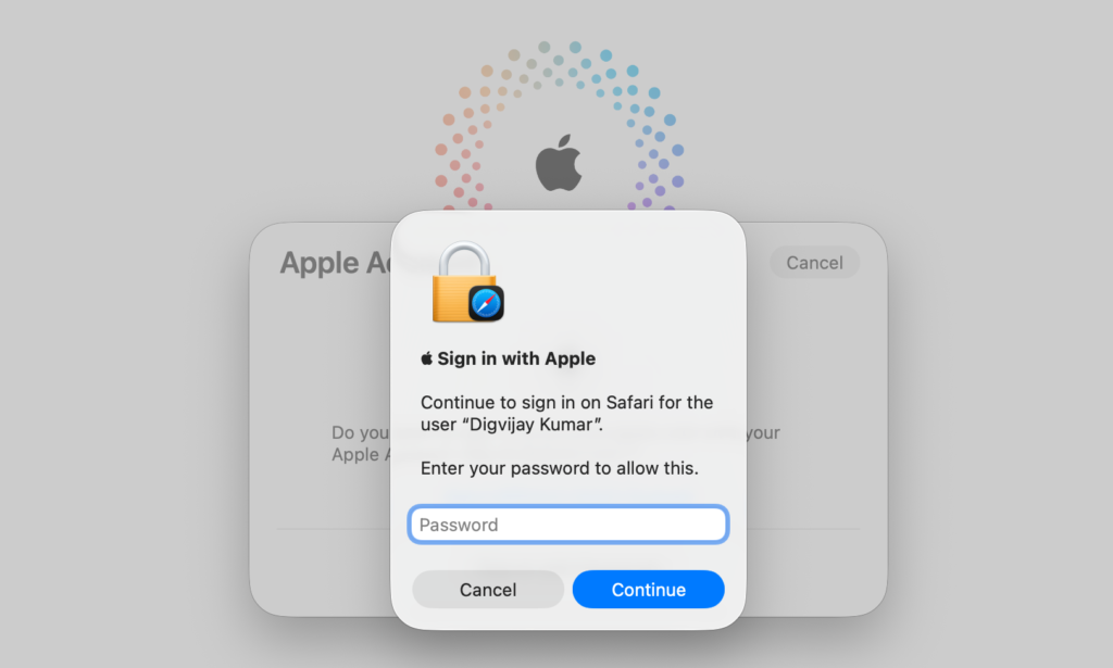 macOS Apple Account password verification screen.