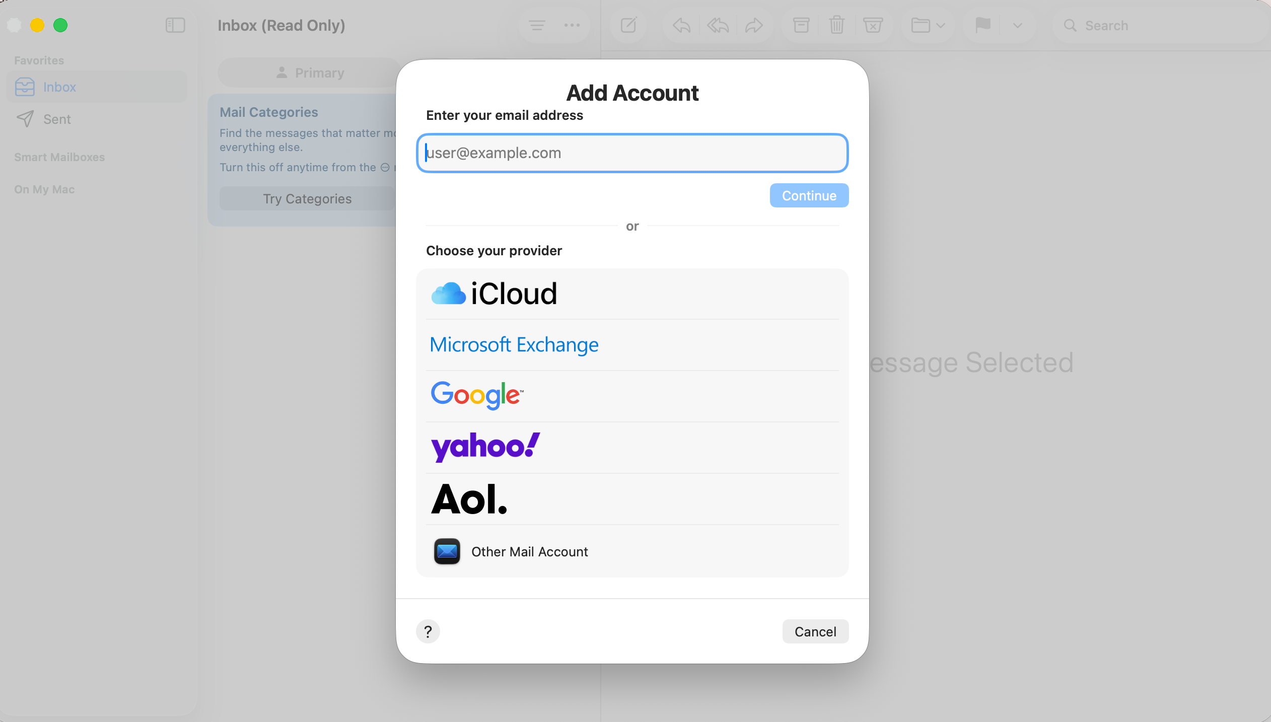 macOS Mail add account screen with provider options