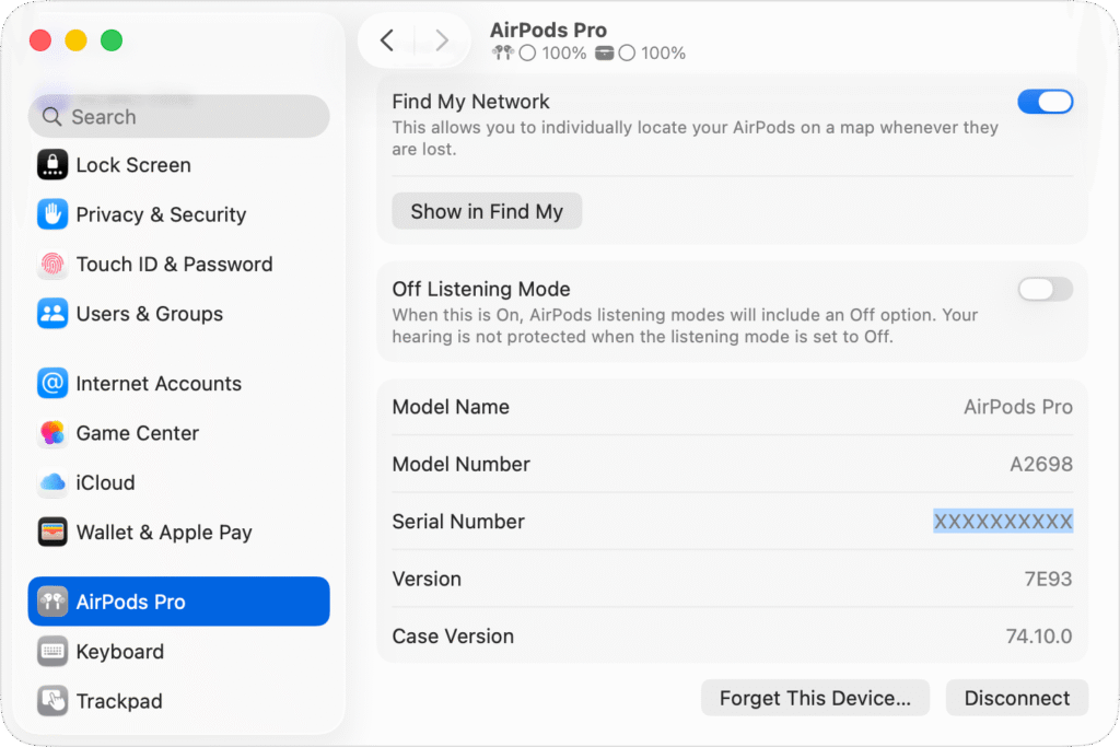 iPhone Bluetooth settings showing AirPods serial number