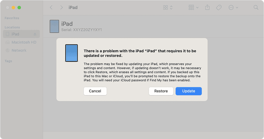Finder window showing Restore iPad option