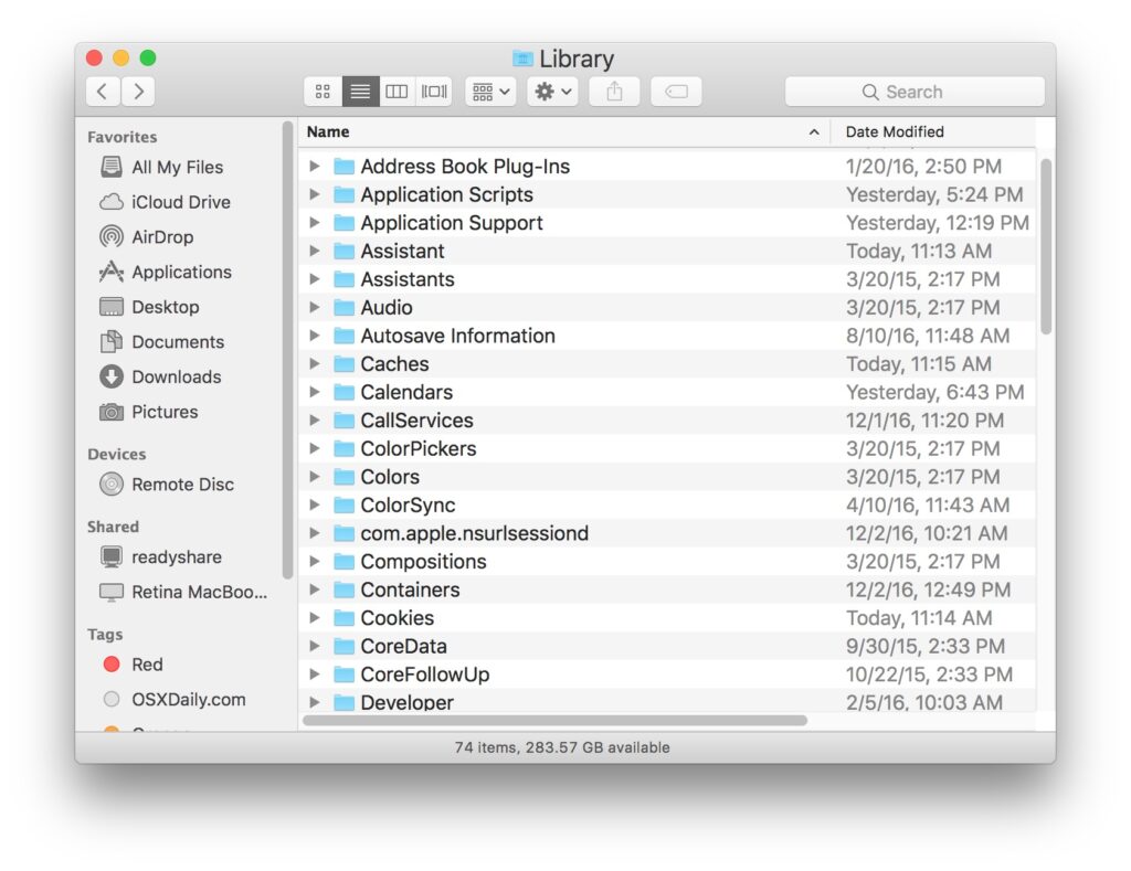 Finder window showing Library Caches folder