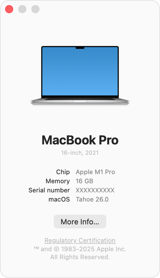 The About This Mac window showing macOS Tahoe version 26.3.1.