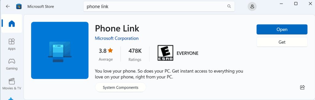 Microsoft Phone Link pairing screen