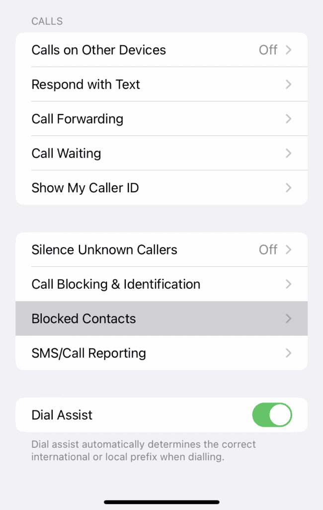 Blocked contacts list on iPhone