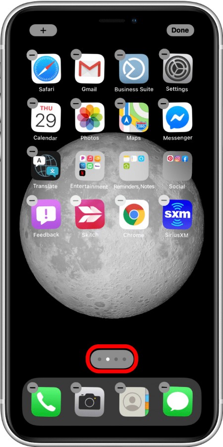 iPhone Home Screen page dots showing hidden pages