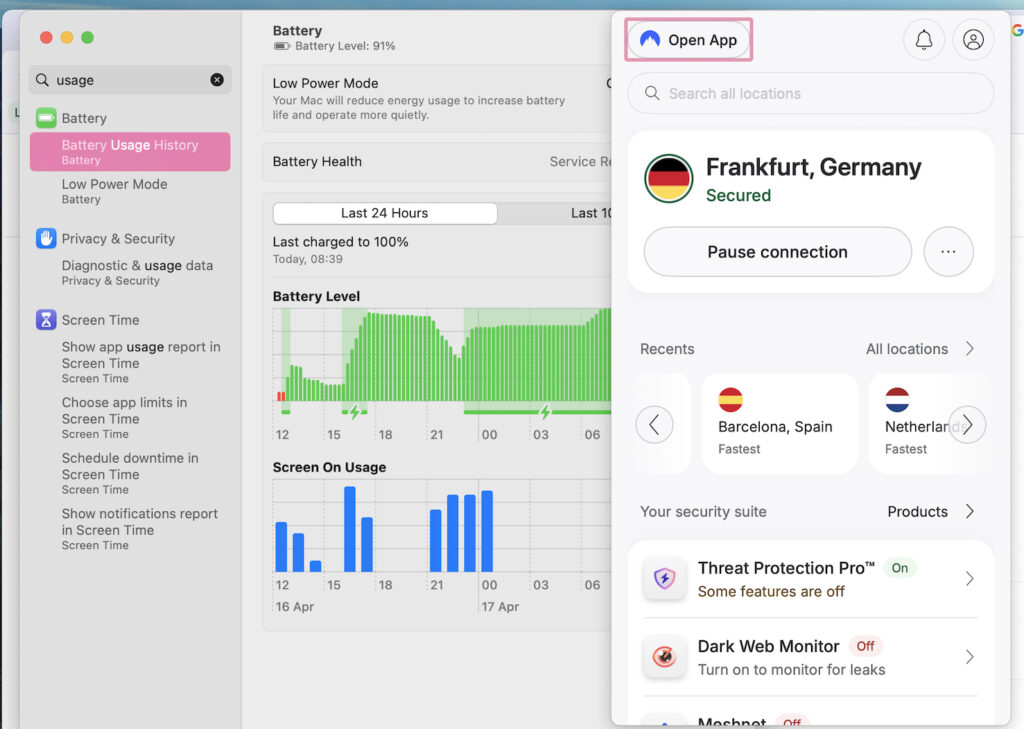 macOS System Settings showing battery usage history and screen on time alongside the NordVPN app connected to Frankfurt, Germany, to monitor background energy impact.