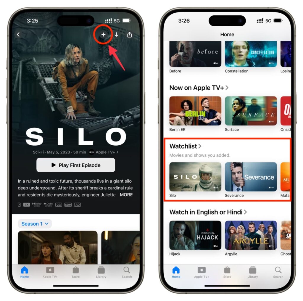 Example of Apple TV app Watchlist with added movies and shows