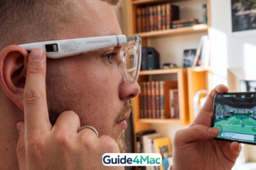 person using hand gestures to control Apple smart glasses interface