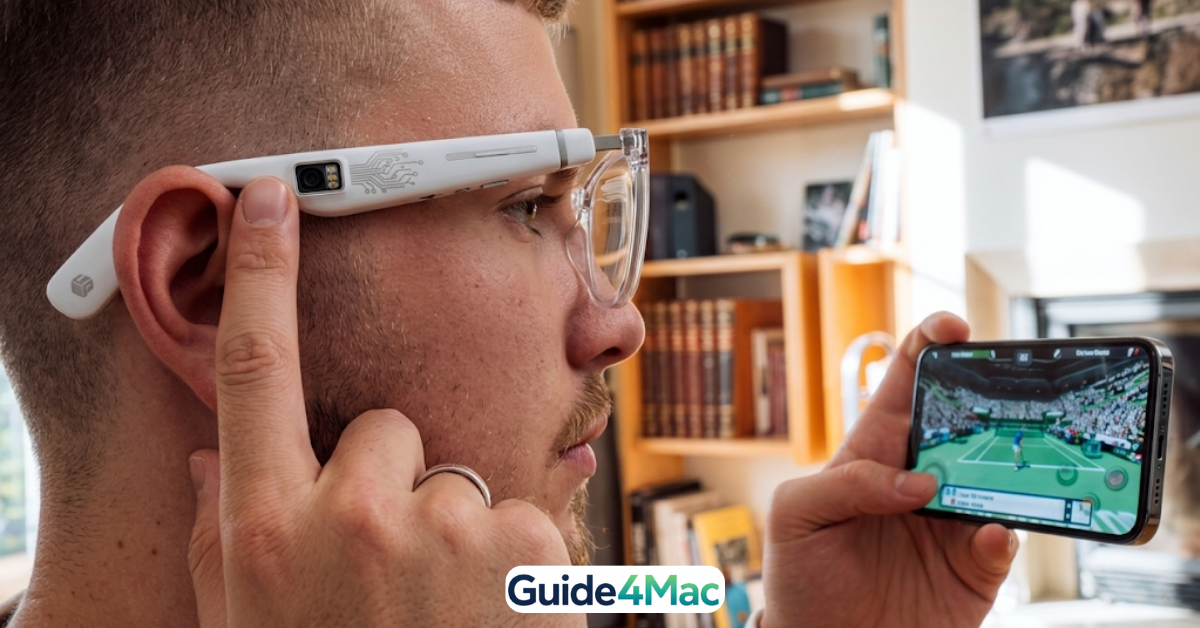 person using hand gestures to control Apple smart glasses interface