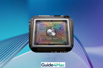 High-resolution macro shot of an Apple Silicon processor with an iridescent, rainbow-colored circuit die, featuring the Apple logo and 'sub-1nm' text. The chip is set against a futuristic blue and purple abstract background with glass-like ribbed waves, illustrating the next-gen A20 chip architecture and sub-1nm semiconductor benefits.