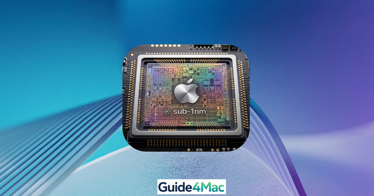 High-resolution macro shot of an Apple Silicon processor with an iridescent, rainbow-colored circuit die, featuring the Apple logo and 'sub-1nm' text. The chip is set against a futuristic blue and purple abstract background with glass-like ribbed waves, illustrating the next-gen A20 chip architecture and sub-1nm semiconductor benefits.