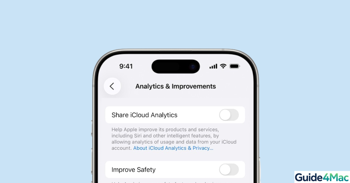 iPhone Settings menu showing the Analytics and Improvements toggle turned off